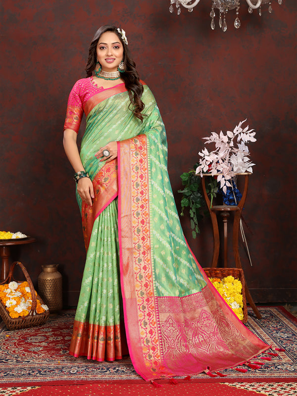 Lorenvalley Fashion Green Organza Silk Woven Design with Rich Meenakari Weaving Pallu Saree - Distacart