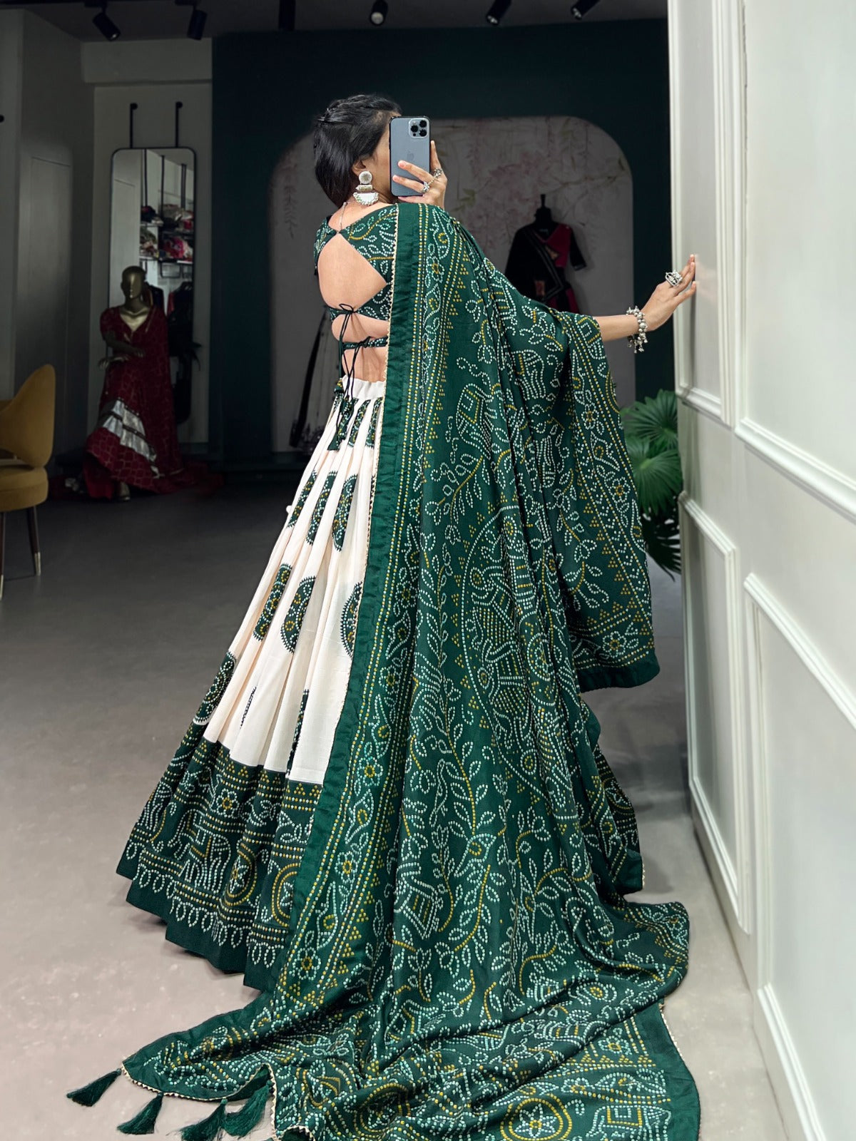Lorenvalley Green Tussar Silk with Bandhej Print Lehenga Choli - Distacart