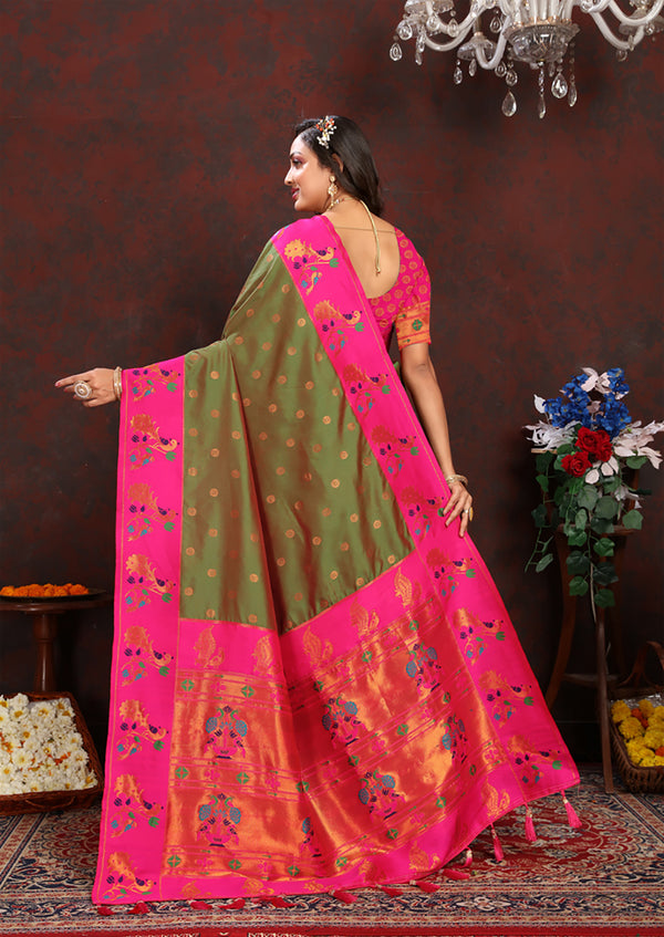 Lorenvalley Fashion Green Soft Paithani Silk Woven Design Rich Zari Meenakari Weaving Saree - Distacart