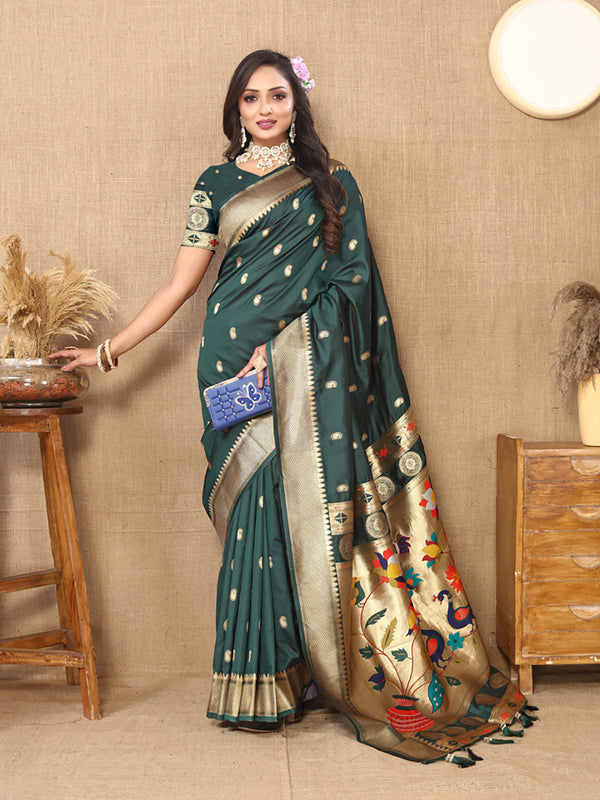 Lorenvalley Fashion Green Soft Paithani Silk Woven Design Rich Zari Meenakari Weaving Saree - Distacart