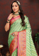 Thumbnail for Lorenvalley Fashion Green Organza Silk Woven Design with Rich Meenakari Weaving Pallu Saree - Distacart