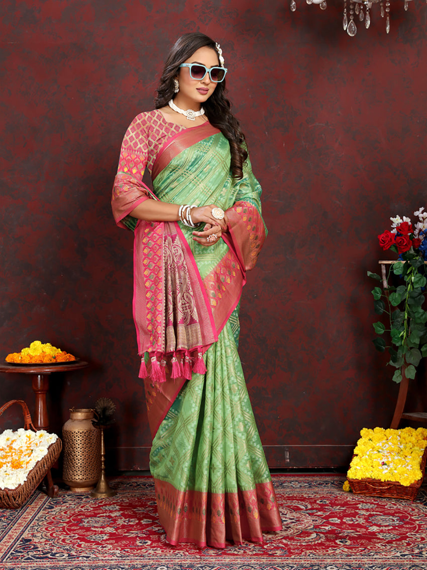 Lorenvalley Fashion Green Organza Silk Woven Design with Rich Meenakari Weaving Pallu Saree - Distacart