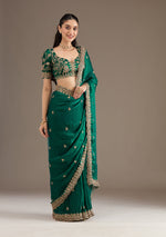 Thumbnail for Lorenvalley Fashion Green Fendy Satin with Embroidery Double Sequence Work Saree with Blouse