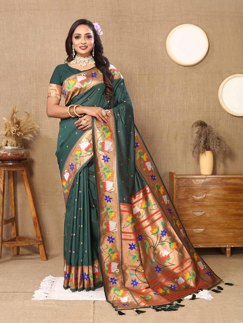 Lorenvalley Fashion Green Soft Paithani Silk Woven Design Rich Zari Meenakari Weaving Saree - Distacart