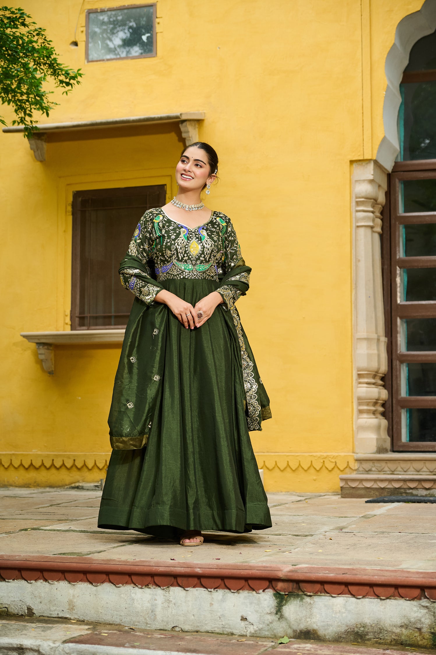 Lorenvalley Fashion Green Vichitra Silk with Multi Thread & Embroidered work Anarkali Gown with Dupatta