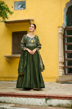 Thumbnail for Lorenvalley Fashion Green Vichitra Silk with Multi Thread & Embroidered work Anarkali Gown with Dupatta