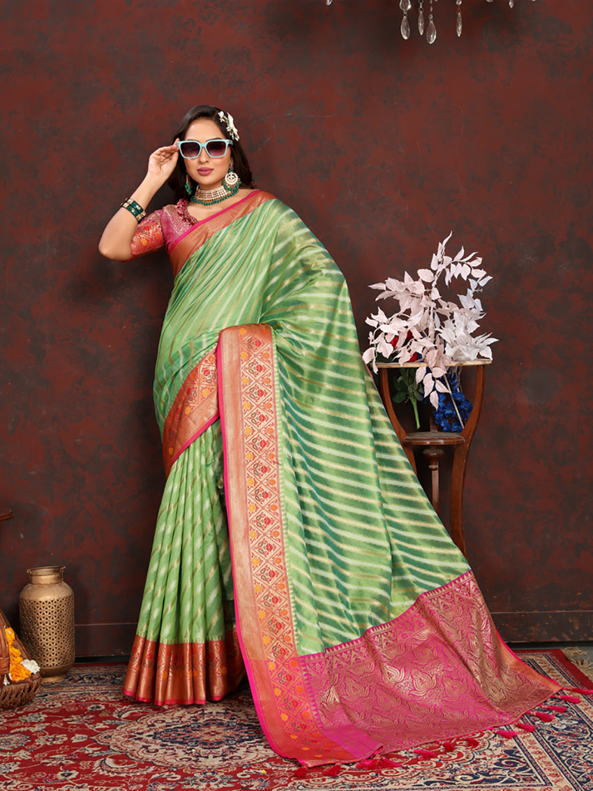 Lorenvalley Fashion Green Organza Silk Woven Design with Rich Meenakari Weaving Pallu Saree - Distacart
