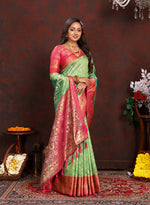 Thumbnail for Lorenvalley Fashion Green Organza Silk Woven Design with Rich Meenakari Weaving Pallu Saree - Distacart