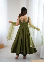 Thumbnail for Lorenvalley Fashion Green Pure Romansilk Chanderi Fabric Yoke Fancy Lace Work Anarkali Kurta Pant With Dupatta Set