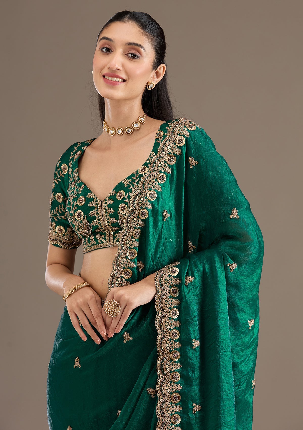 Lorenvalley Fashion Green Fendy Satin with Embroidery Double Sequence Work Saree with Blouse