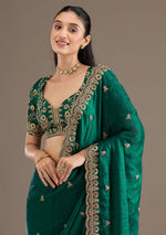 Thumbnail for Lorenvalley Fashion Green Fendy Satin with Embroidery Double Sequence Work Saree with Blouse