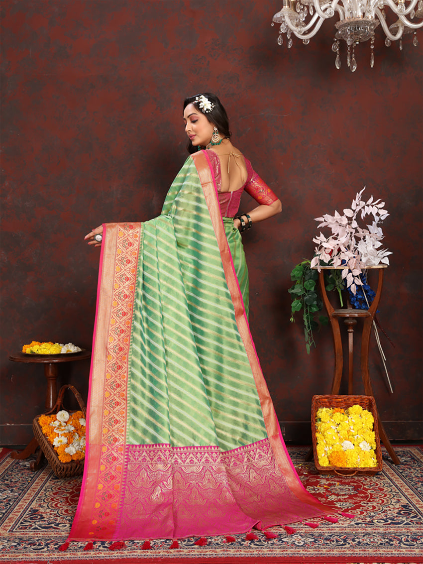 Lorenvalley Fashion Green Organza Silk Woven Design with Rich Meenakari Weaving Pallu Saree - Distacart