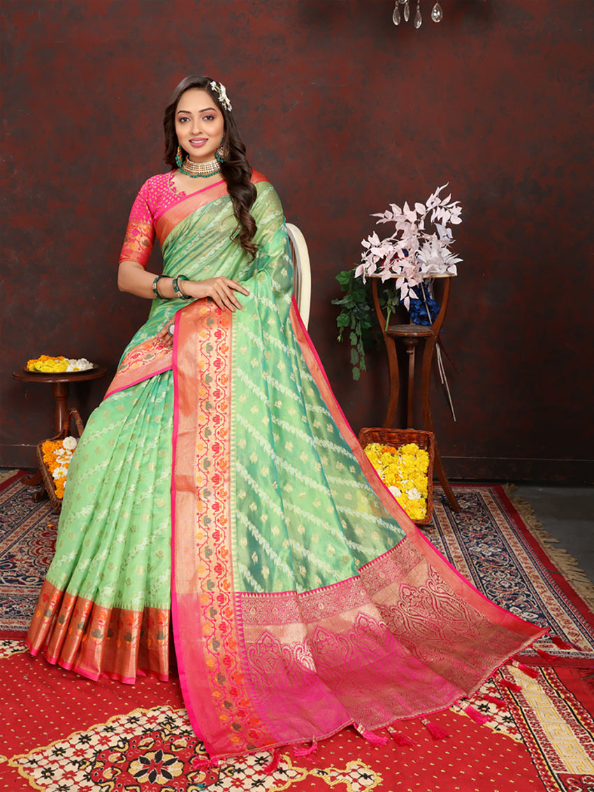 Lorenvalley Fashion Green Organza Silk Woven Design with Rich Meenakari Weaving Pallu Saree - Distacart