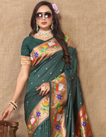 Thumbnail for Lorenvalley Fashion Green Soft Paithani Silk Woven Design Rich Zari Meenakari Weaving Saree - Distacart