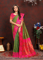 Thumbnail for Lorenvalley Fashion Green Soft Paithani Silk Woven Design Rich Zari Meenakari Weaving Saree - Distacart