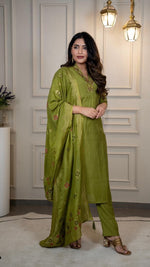 Thumbnail for Lorenvalley Fashion Green Roman Silk Embroidery Sequence Work Kurta Pant with Dupatta