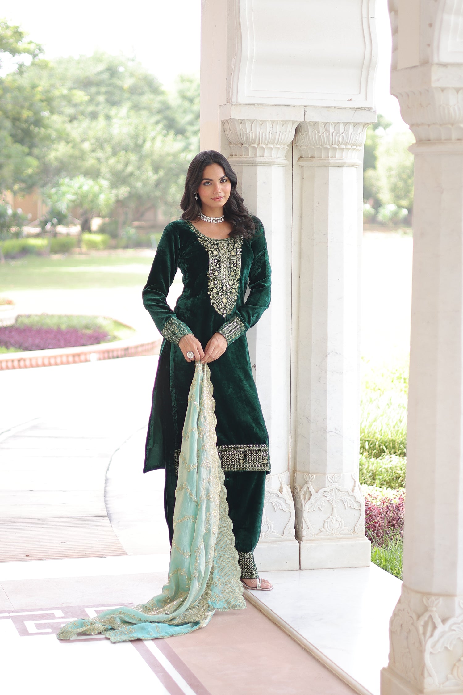 Lorenvalley Fashion Green Velvet with Rich Sequins & Zari Embroidered work Kurta Pant with Dupatta
