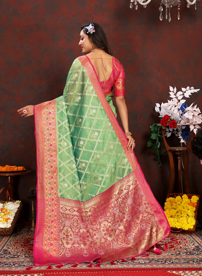 Lorenvalley Fashion Green Organza Silk Woven Design with Rich Meenakari Weaving Pallu Saree - Distacart