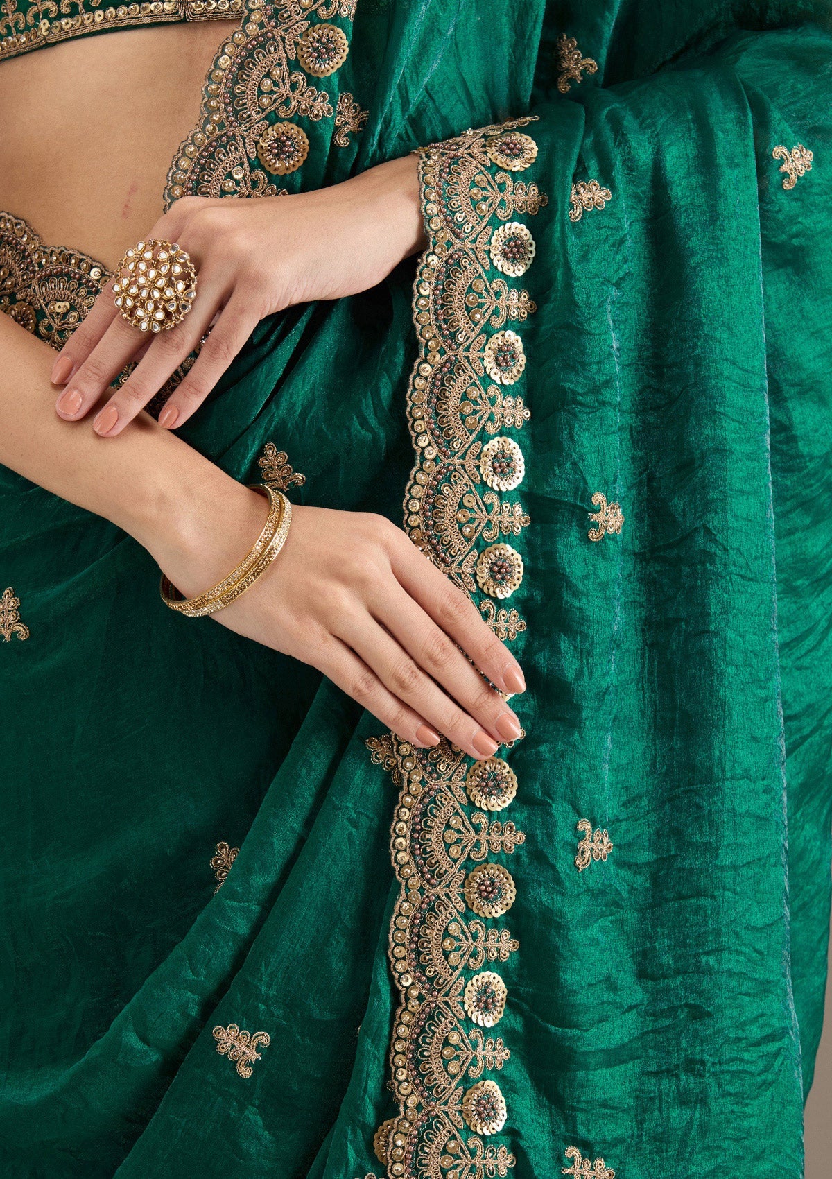 Lorenvalley Fashion Green Fendy Satin with Embroidery Double Sequence Work Saree with Blouse
