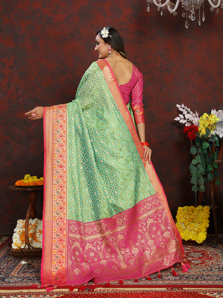 Lorenvalley Fashion Green Organza Silk Woven Design with Rich Meenakari Weaving Pallu Saree - Distacart