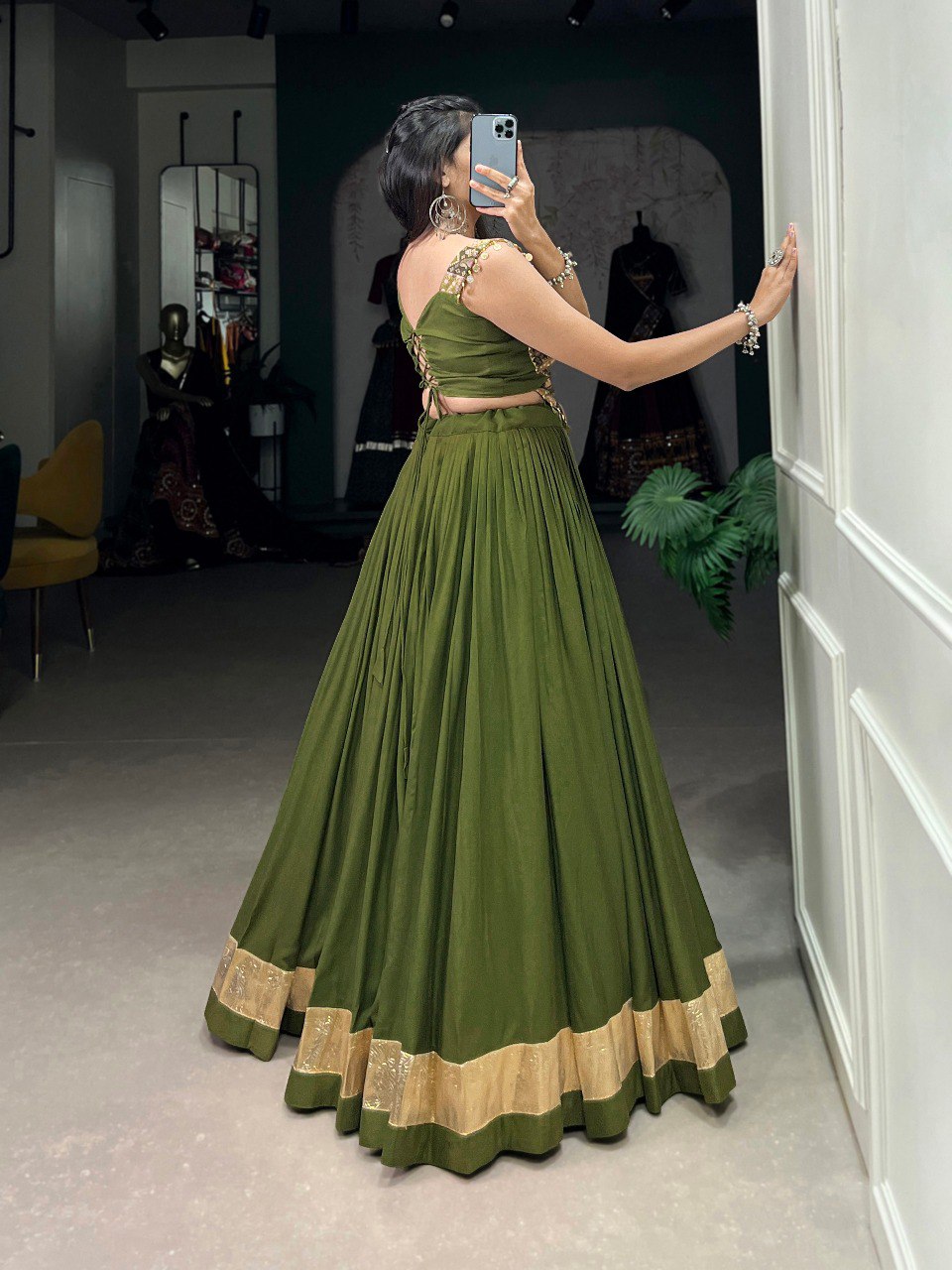 Lorenvalley Green Pure Rayon Plain With Embossed Design Lace Touch Up Lehenga Choli - Distacart