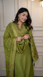 Thumbnail for Lorenvalley Fashion Green Roman Silk Embroidery Sequence Work Kurta Pant with Dupatta