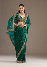 Thumbnail for Lorenvalley Fashion Green Fendy Satin with Embroidery Double Sequence Work Saree with Blouse