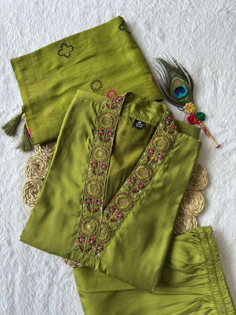 Lorenvalley Fashion Green Roman Silk Embroidery Sequence Work Kurta Pant with Dupatta