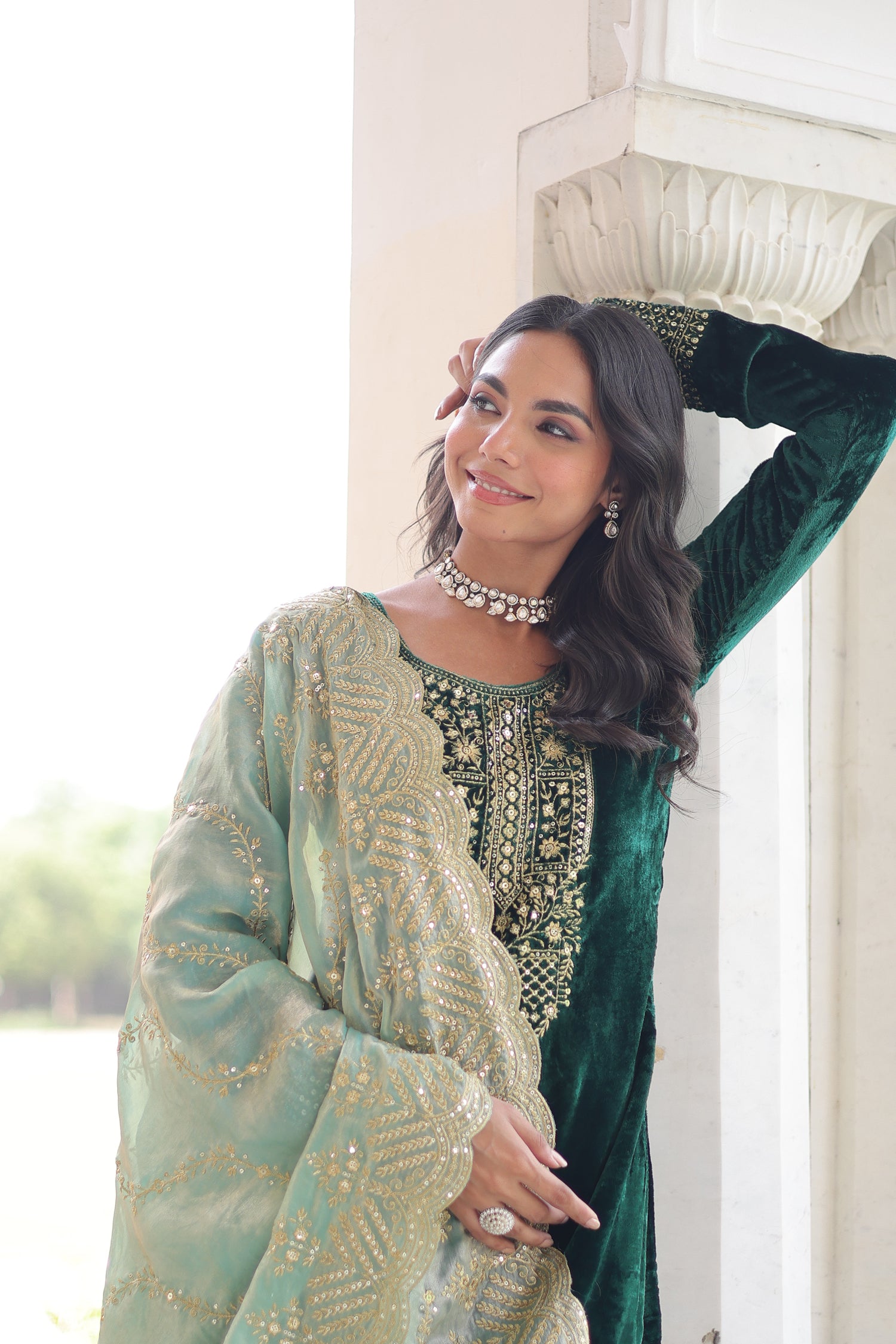 Lorenvalley Fashion Green Velvet with Rich Sequins & Zari Embroidered work Kurta Pant with Dupatta