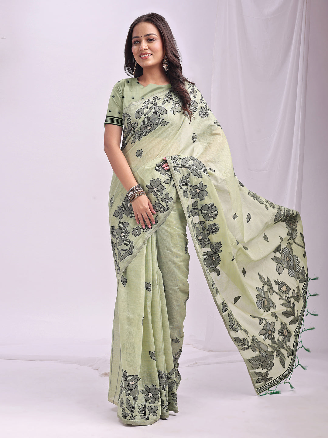 Anaita Green Linen Printed Saree With Blouse - Distacart
