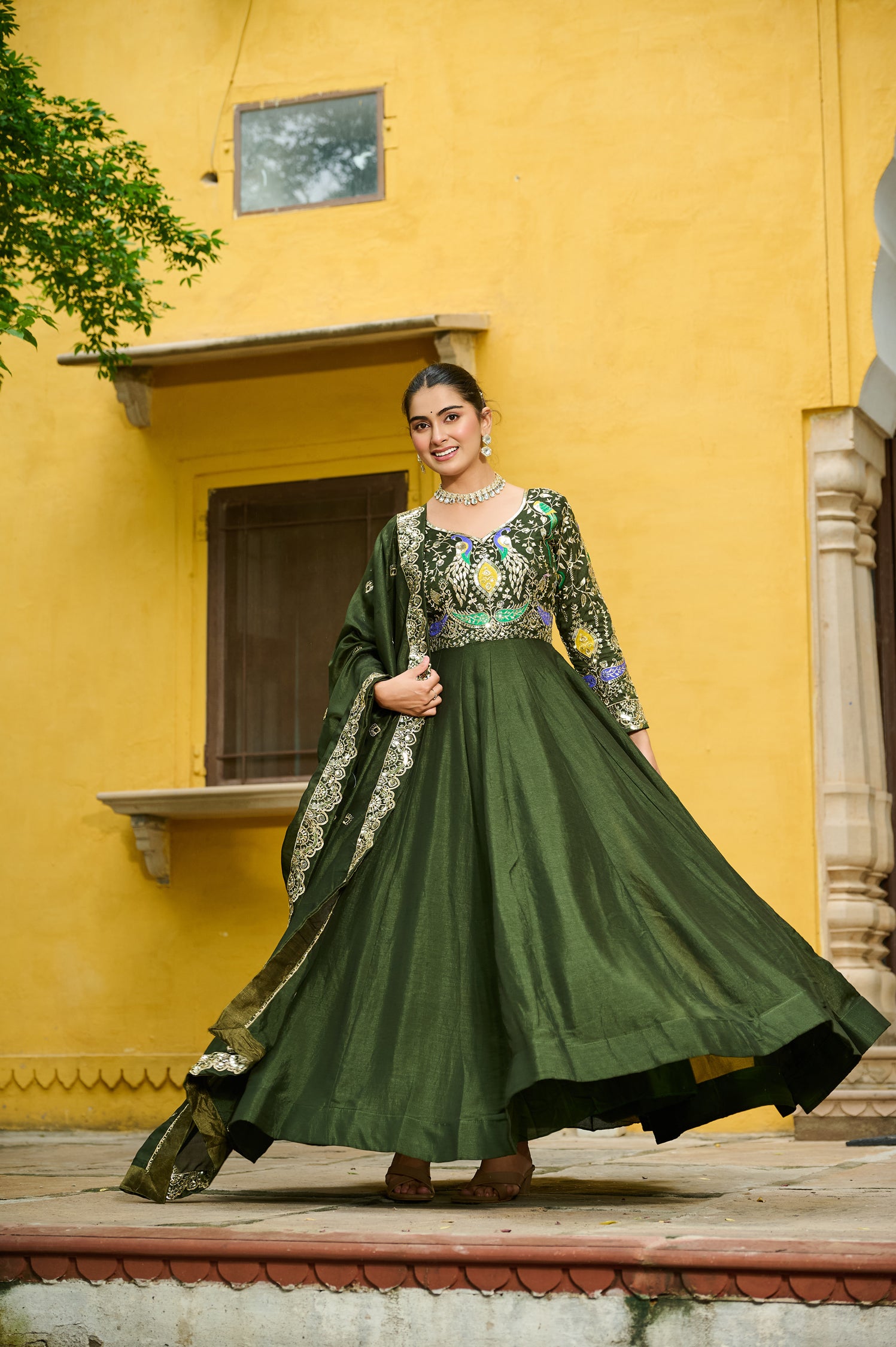 Lorenvalley Fashion Green Vichitra Silk with Multi Thread & Embroidered work Anarkali Gown with Dupatta