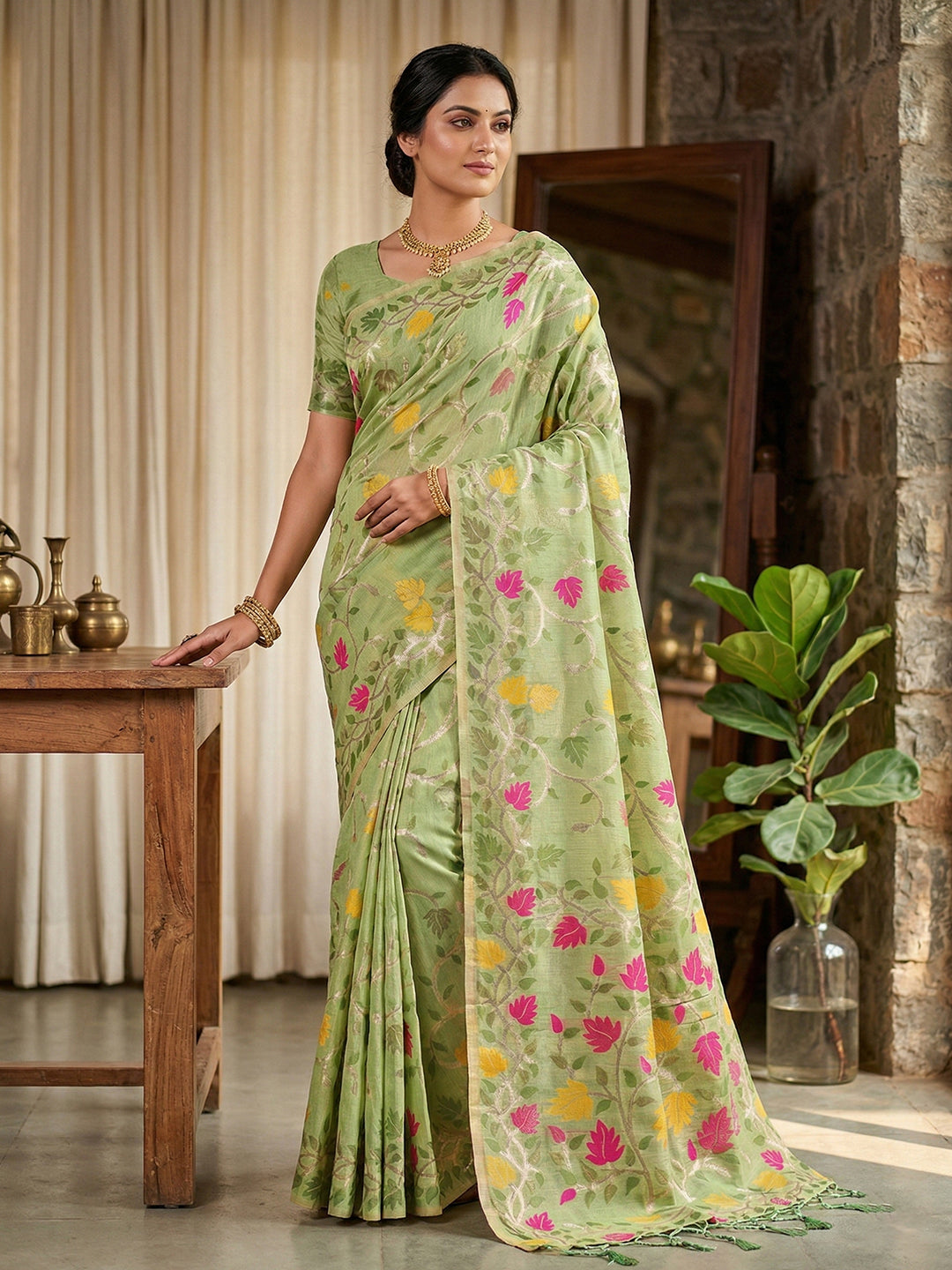 Anaita Green Linen Woven Work Saree With Blouse - Distacart