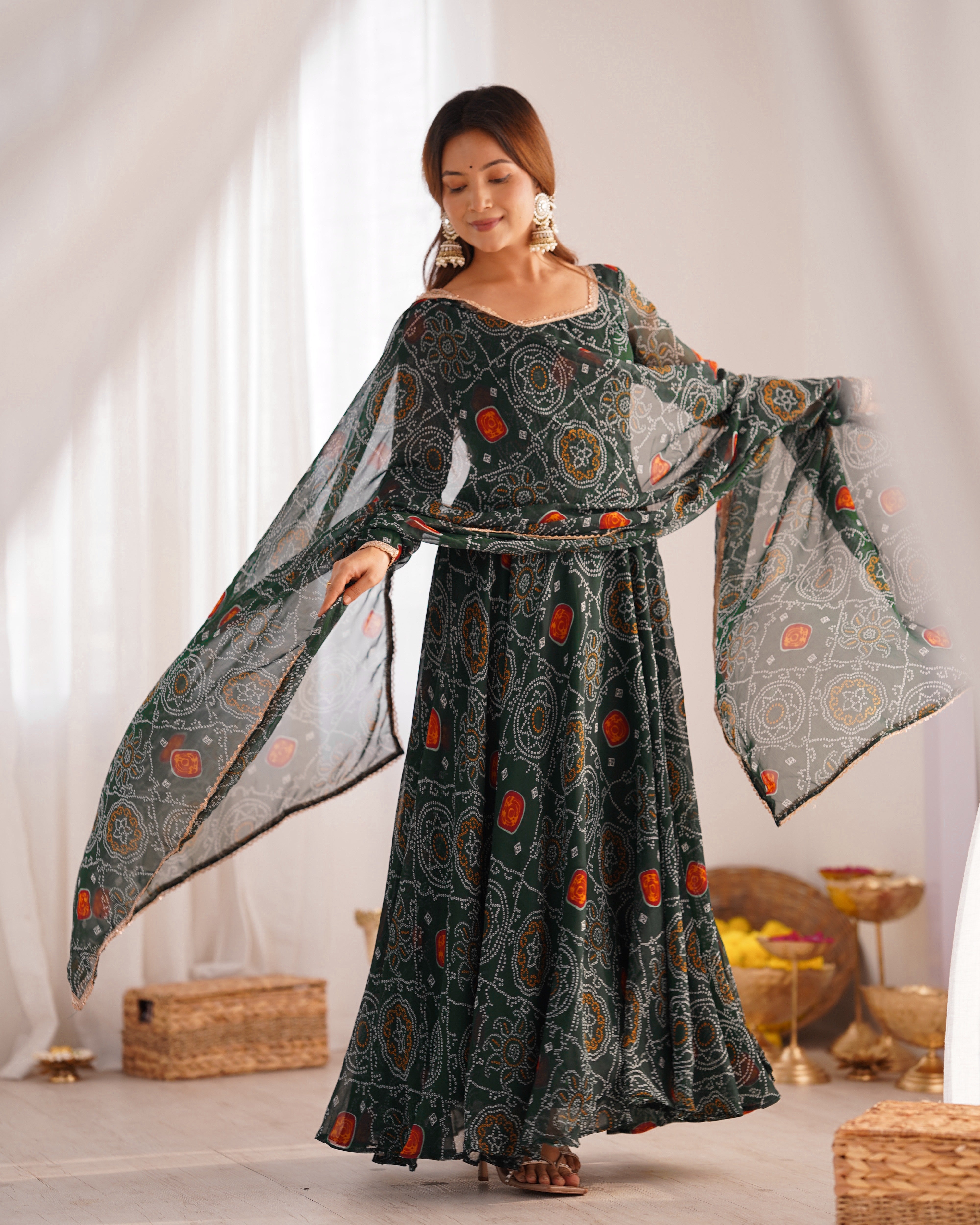 Lorenvalley Women Soft Lightweight Chiffon Bandhej Print Fabric Anarkali Kurta Pant With Dupatta Set - Distacart