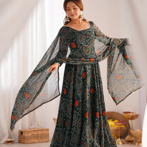 Lorenvalley Women Soft Lightweight Chiffon Bandhej Print Fabric Anarkali Kurta Pant With Dupatta Set - Distacart
