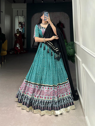 Lorenvalley Green Rayon with Bandhej And Ajarakh Print With Embossed Design Gota Lace Touch up Lehenga Choli - Distacart