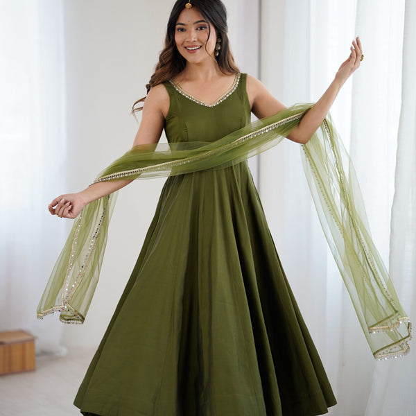 Lorenvalley Fashion Green Pure Romansilk Chanderi Fabric Yoke Fancy Lace Work Anarkali Kurta Pant With Dupatta Set - Distacart