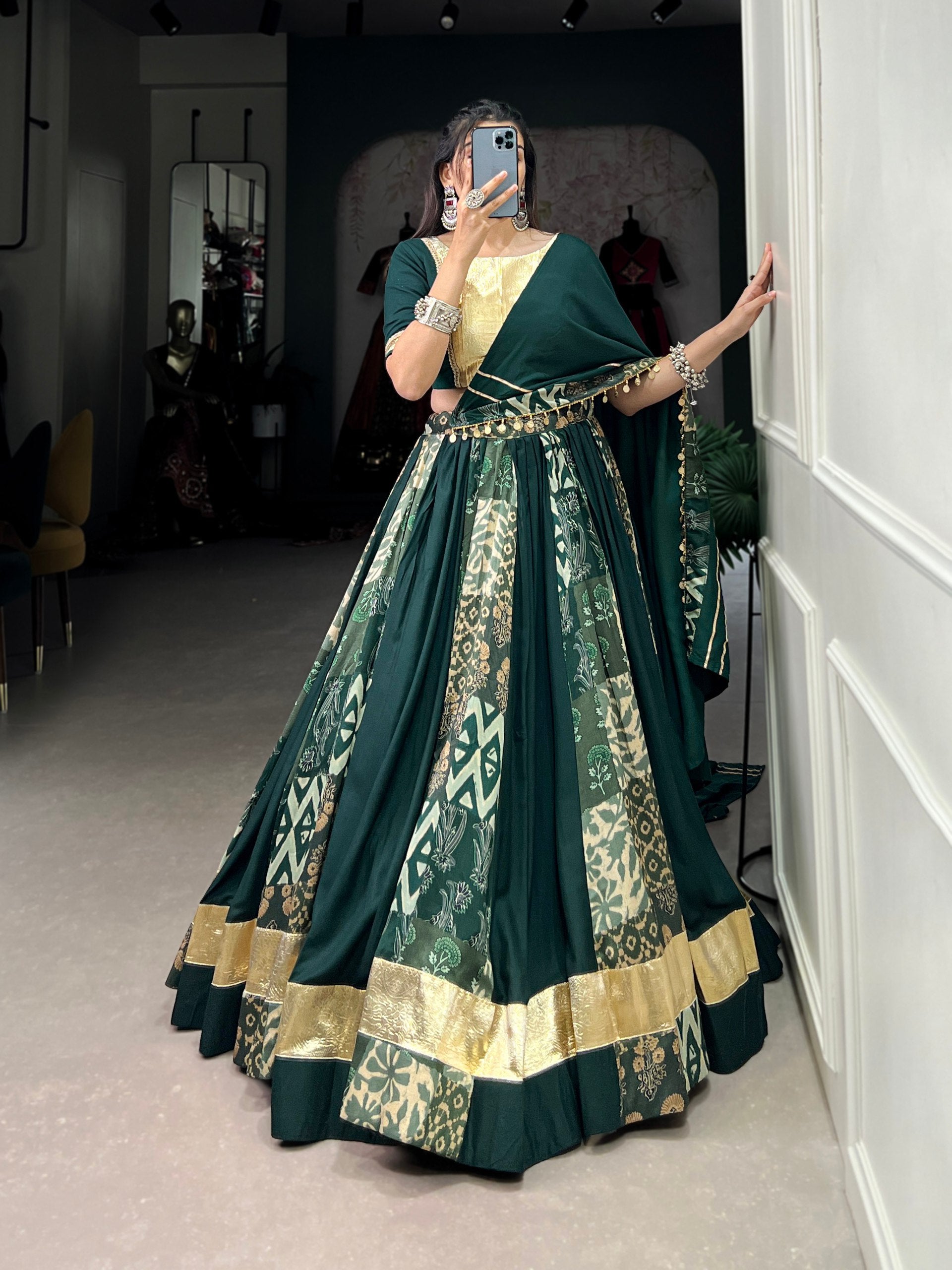 Lorenvalley Rayon and Tussar Silk Green Plain And Printed With Embossed Design Gota Lace Lehenga Choli with Dupatta - Distacart