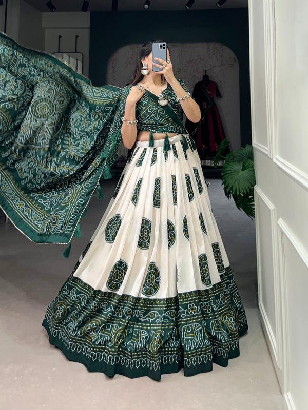 Lorenvalley Green Tussar Silk with Bandhej Print Lehenga Choli - Distacart