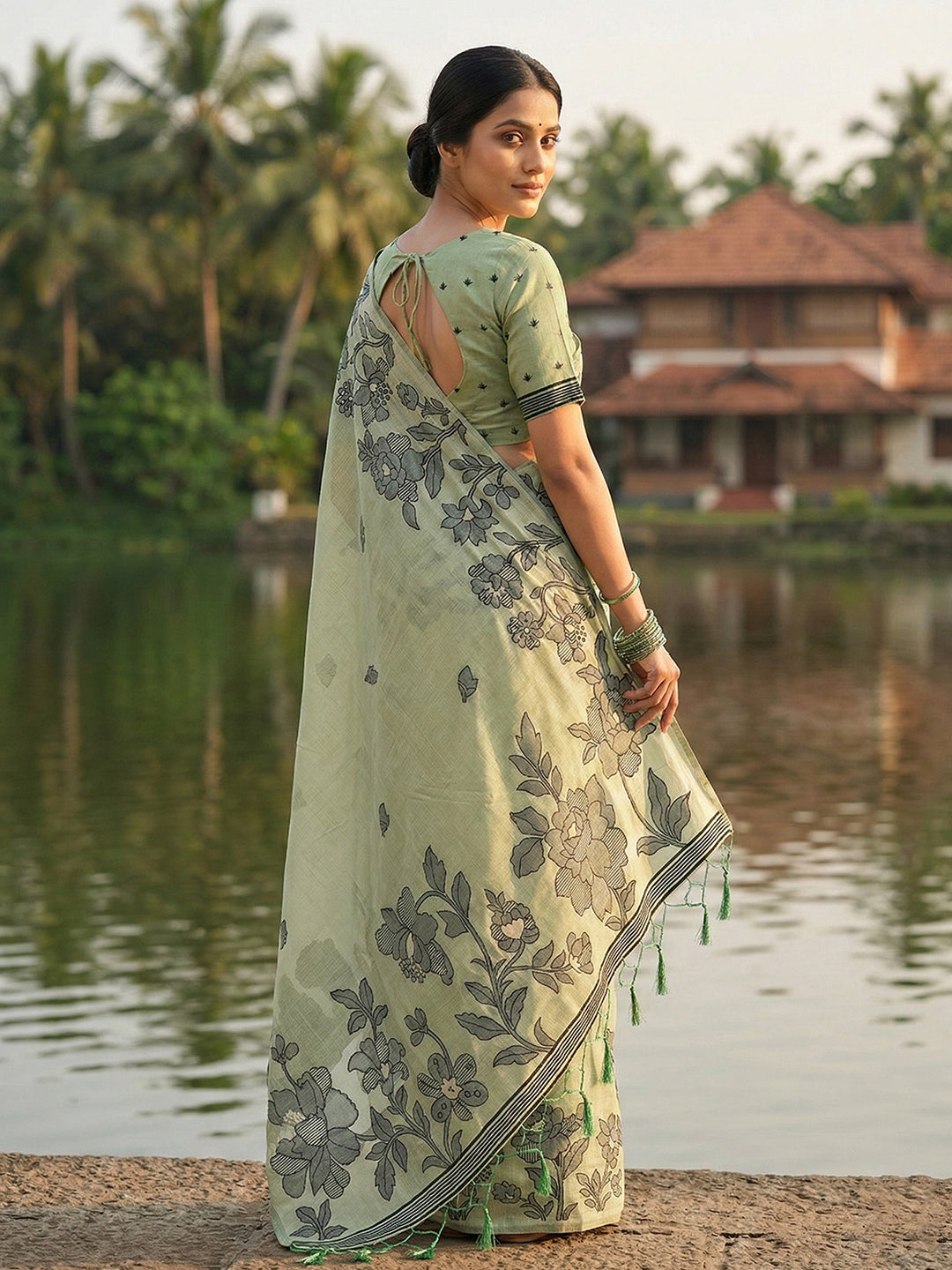 Anaita Green Linen Printed Saree With Blouse - Distacart