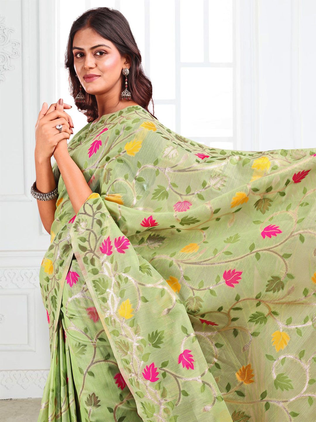 Anaita Green Linen Printed Saree With Blouse - Distacart