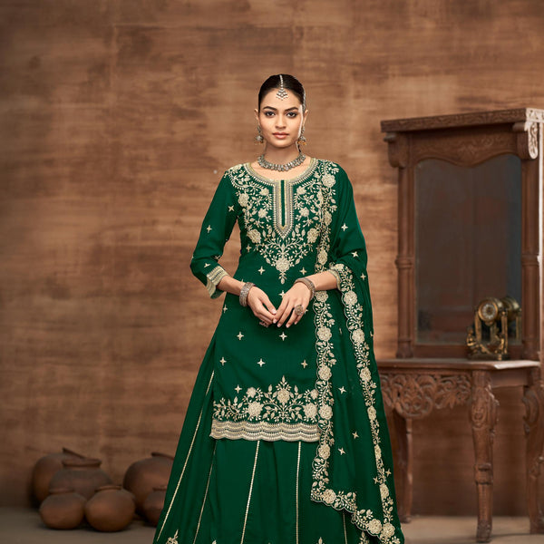 Anaita Green Premium Embroidered Vichitra Silk Lehenga Style Suit - Distacart