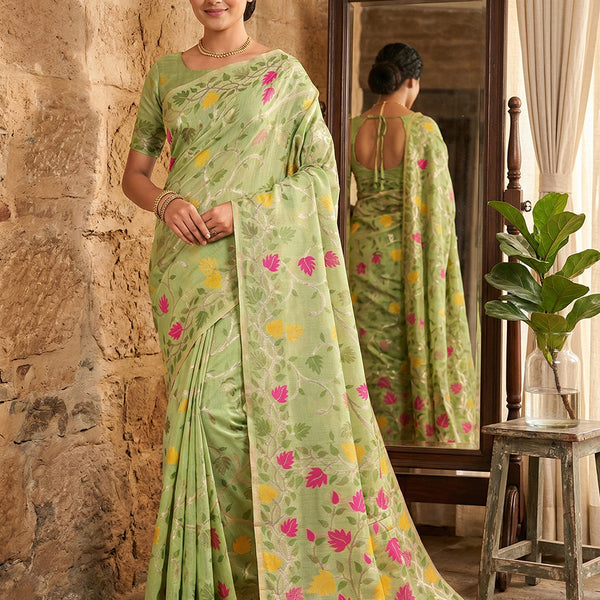 Anaita Green Linen Woven Work Saree With Blouse - Distacart