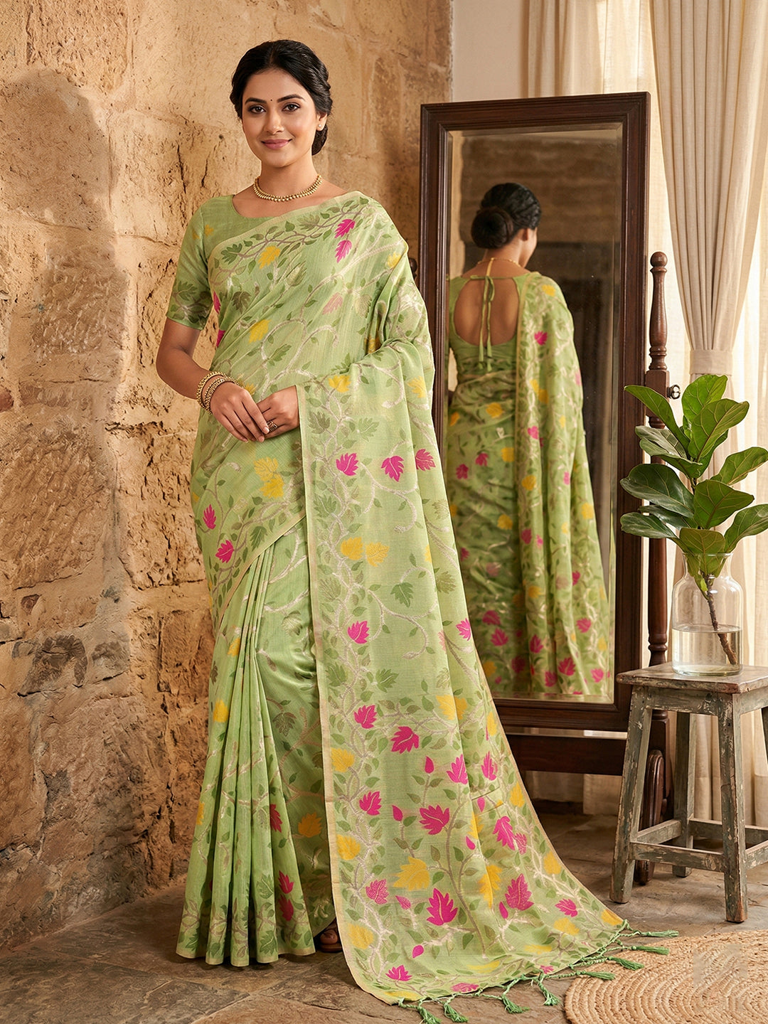 Anaita Green Linen Woven Work Saree With Blouse - Distacart