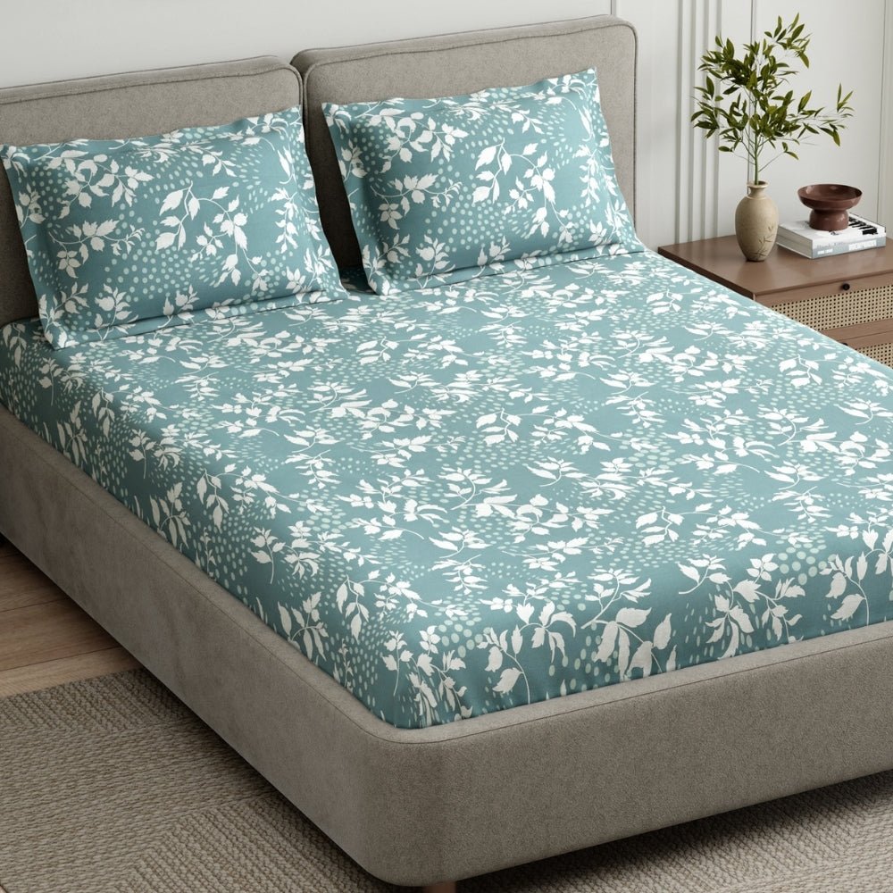 Haus & Kinder Green foliage 100% Cotton Double Fitted Bedsheet, 144 TC - Dista