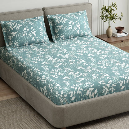 Haus & Kinder Green foliage 100% Cotton Double Fitted Bedsheet, 144 TC - Dista