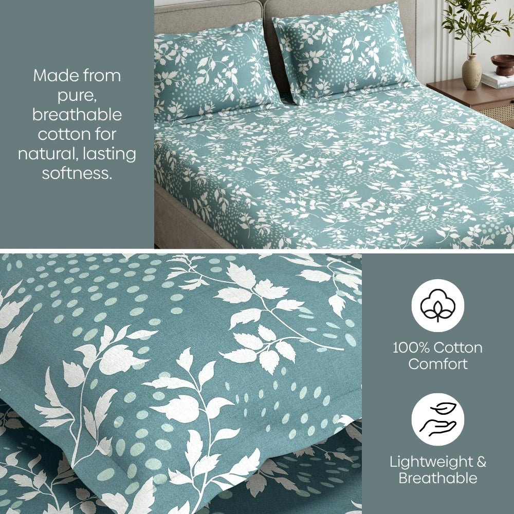 Haus & Kinder Green foliage 100% Cotton Double Fitted Bedsheet, 144 TC - Dista
