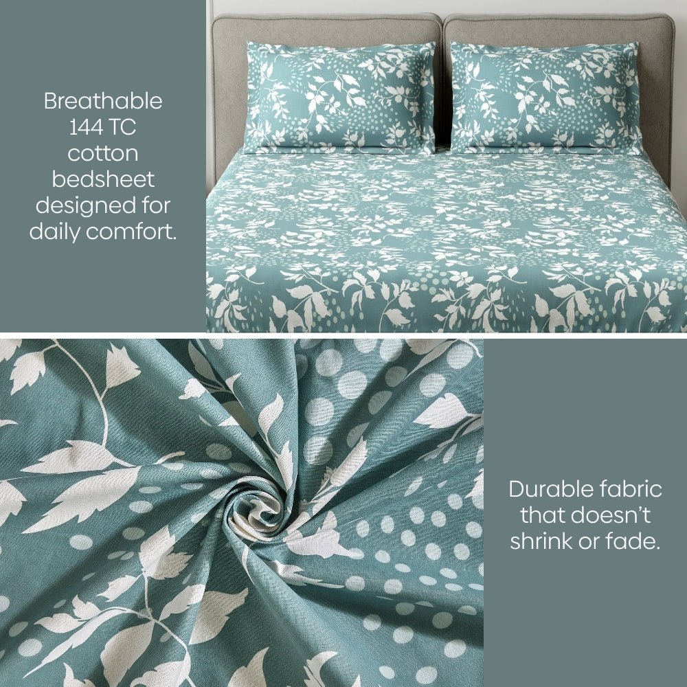 Haus & Kinder Green foliage 100% Cotton Double Fitted Bedsheet, 144 TC - Dista