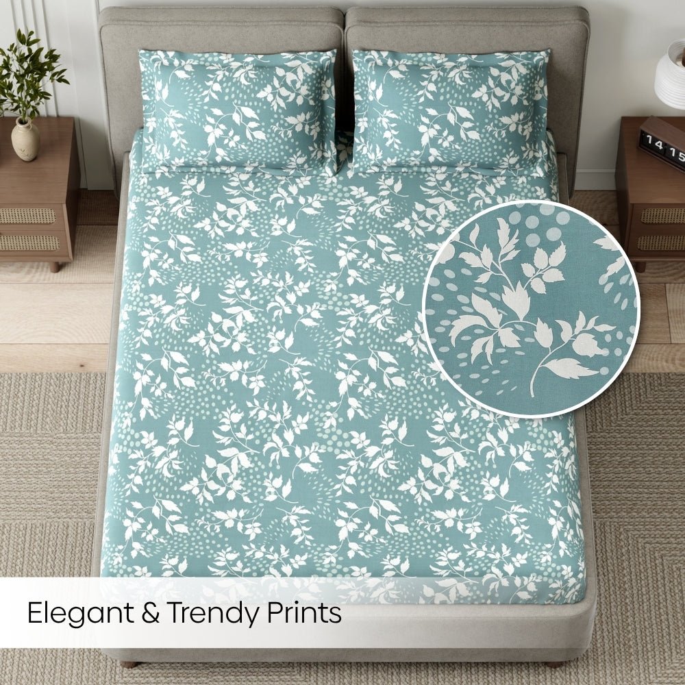 Haus & Kinder Green foliage 100% Cotton Double Fitted Bedsheet, 144 TC - Dista