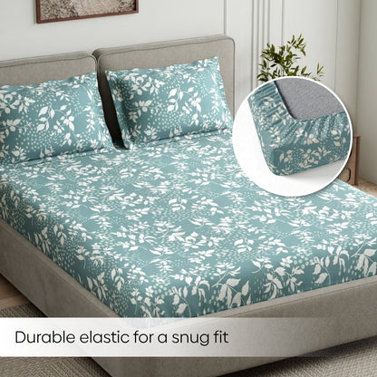 Haus & Kinder Green foliage 100% Cotton Double Fitted Bedsheet, 144 TC - Dista