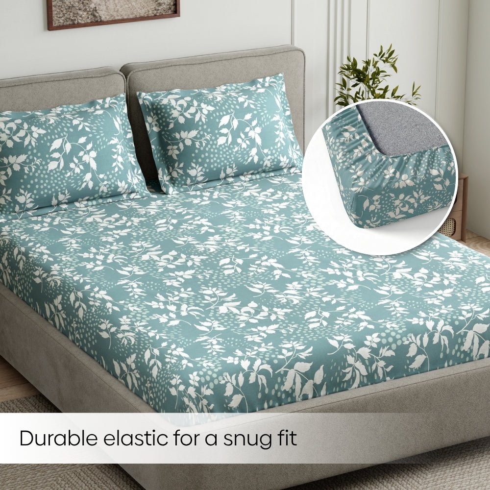 Haus & Kinder Green foliage 100% Cotton King Fitted Bedsheet, 144 TC - Dista